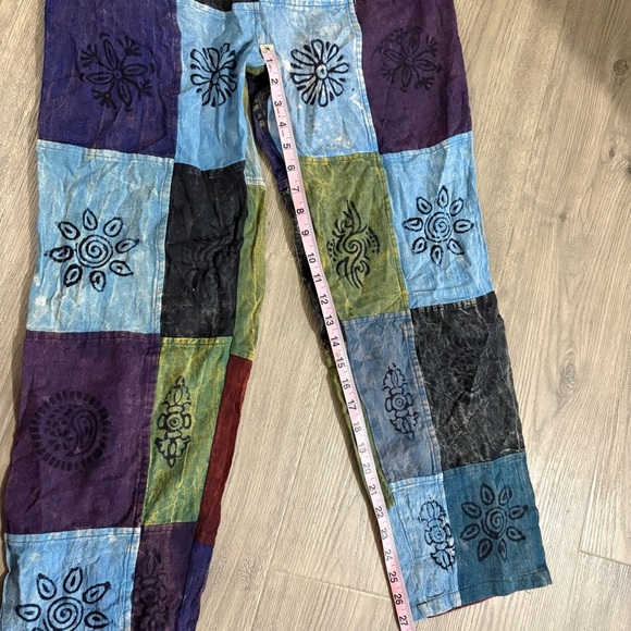Bohemian Hippie Patchwork Drawstring Pants Cotton Pockets Sz L Made in Nepal - Picture 7 of 8